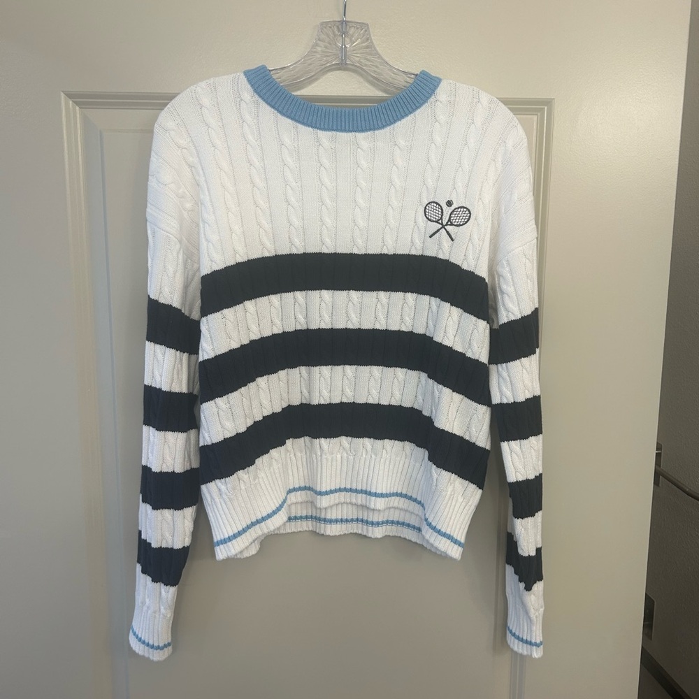 all in motion Women’s White Knit Crew Sweater with Navy Stripes and Blue Trim